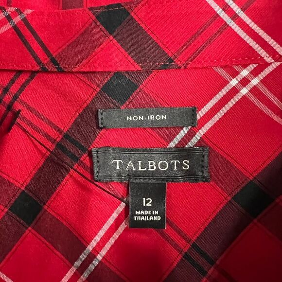 Talbots Red Plaid Perfect Popover Non Iron Bling Button Top Womens 12 - Picture 7 of 9